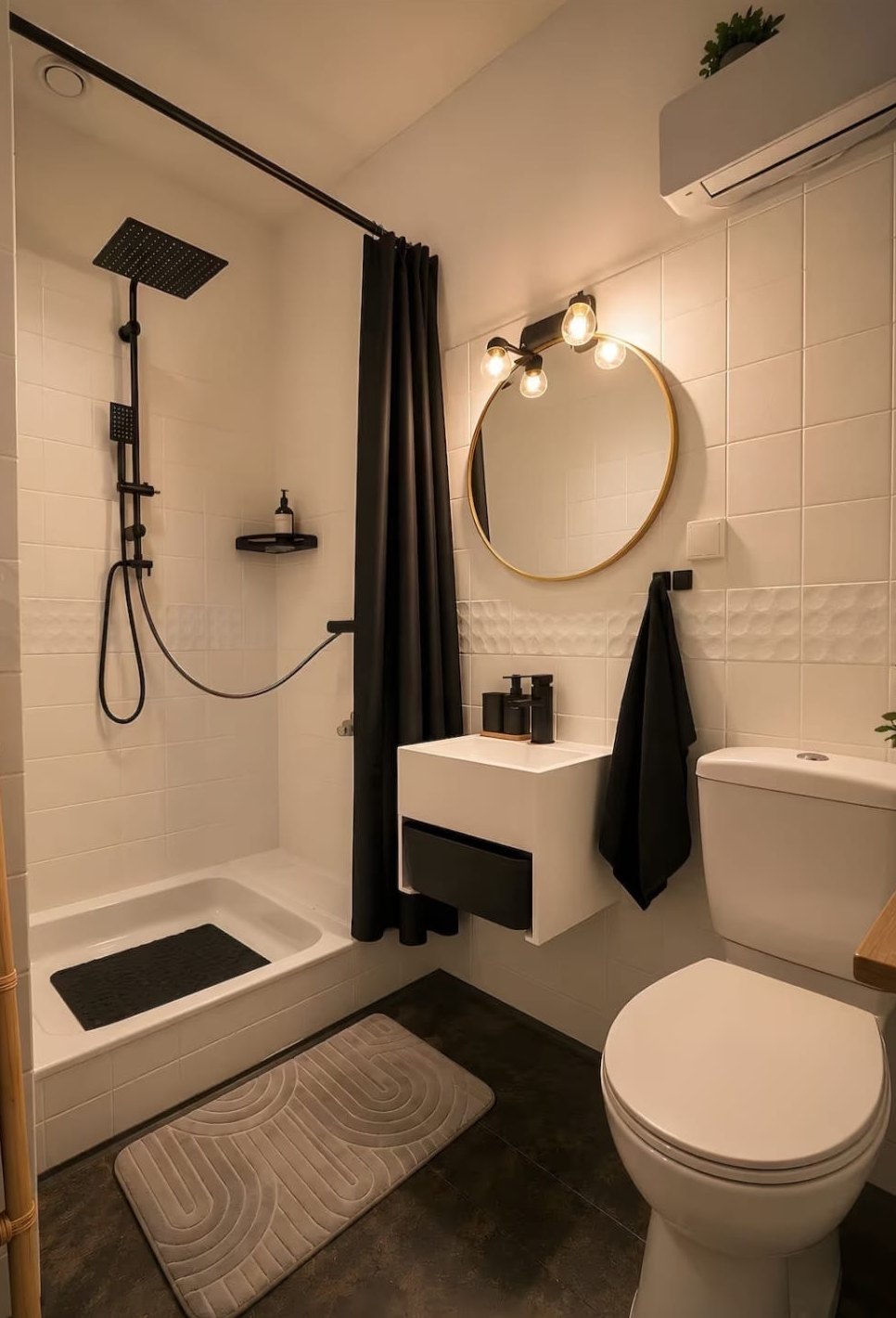 Modernes Duschbad mit Regendusche und rundem Spiegel